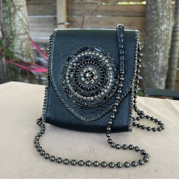 LR Leatherock Black Leather Mini Crossbody Bag Crystal Rock Pebbled Detail - Picture 16 of 16